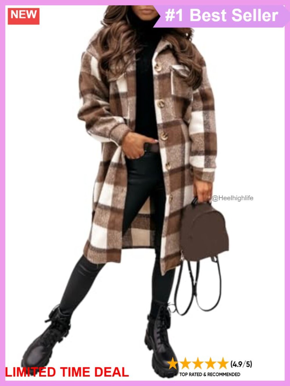 PUWEI Women's Long Plaid Flannel Shacket Button Down Fuzzy Trench Coat